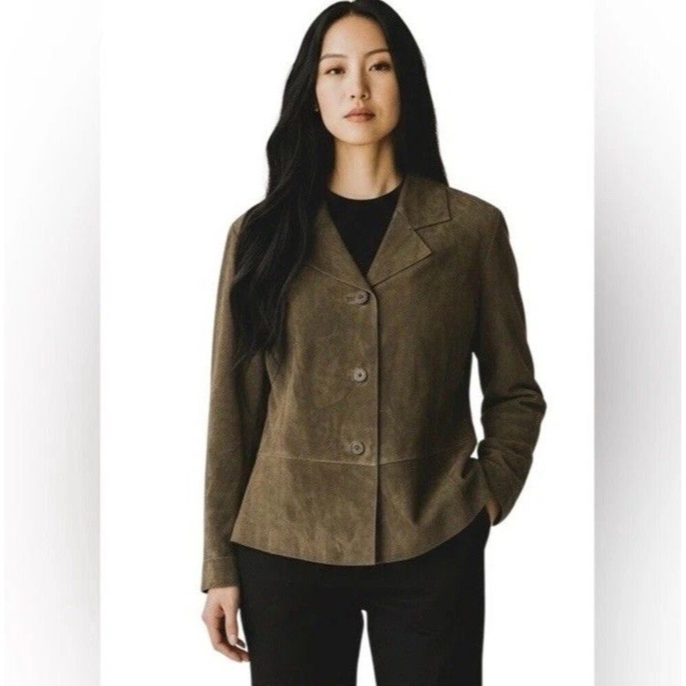 Brandon Thomas Womens Green Leather Suede Blazer Jacket Size S Long Sleeve Lined